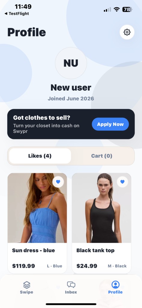 SWYPR profile with likes and cart