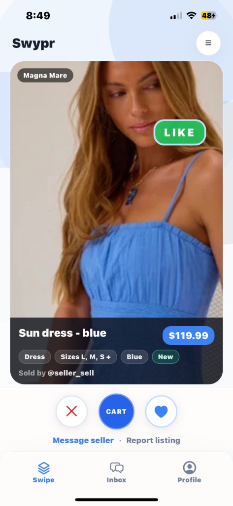 SWYPR swipe feed showing a sun dress listing